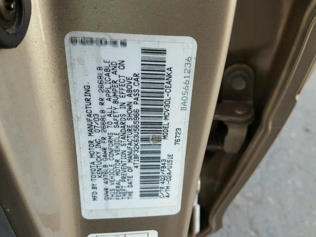 4T1BF32K63U565966 - 2003 TOYOTA CAMRY LE TAN photo 10