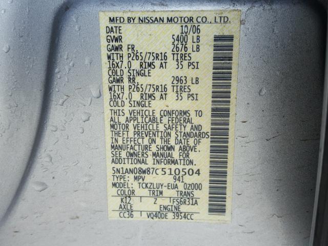 5N1AN08W87C510504 - 2007 NISSAN XTERRA OFF SILVER photo 10