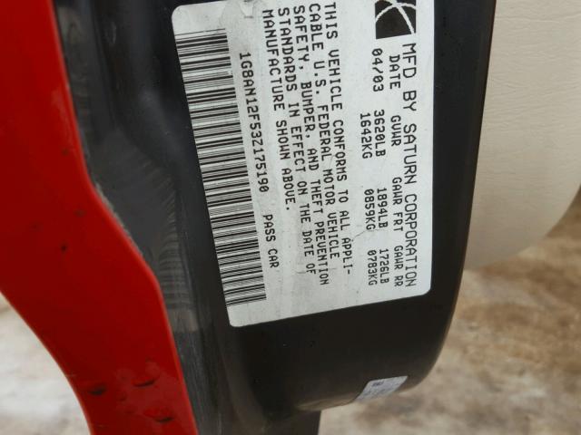 1G8AN12F53Z175190 - 2003 SATURN ION LEVEL RED photo 10