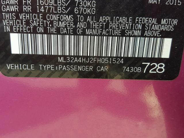 ML32A4HJ2FH051524 - 2015 MITSUBISHI MIRAGE ES PINK photo 10