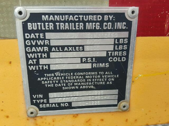 1BUC1010911004226 - 2001 BUTL TRAILER YELLOW photo 8