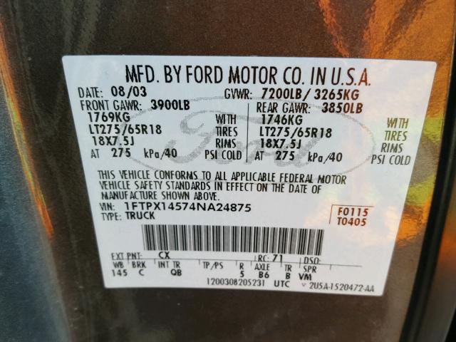 1FTPX14574NA24875 - 2004 FORD F150 GRAY photo 10