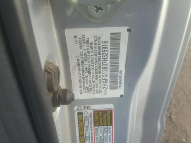 2HGFG12837H525916 - 2007 HONDA CIVIC EX ვერცხლისფერი ფოტო 10