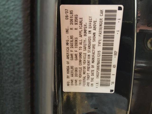 1HGCP26878A011215 - 2008 HONDA ACCORD EXL BLACK photo 10