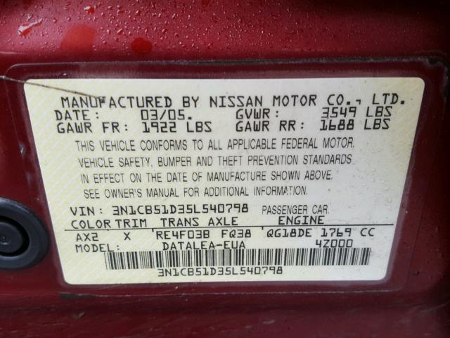 3N1CB51D35L540798 - 2005 NISSAN SENTRA 1.8 MAROON photo 10