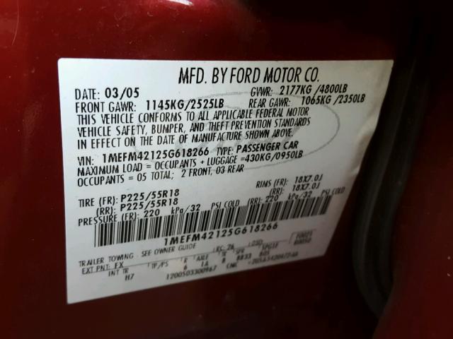 1MEFM42125G618266 - 2005 MERCURY MONTEGO PR 勃艮第红 照片 10