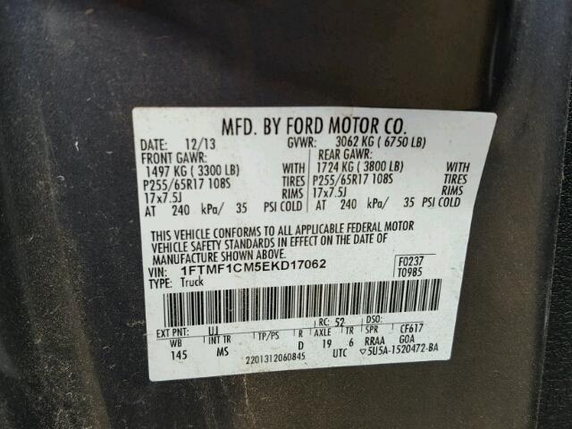 1FTMF1CM5EKD17062 - 2014 FORD F150 GRAY photo 10