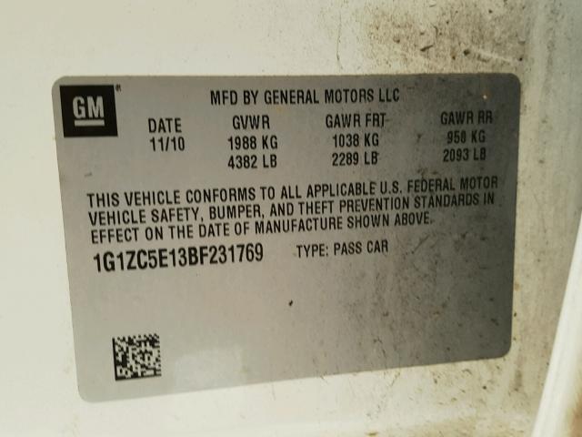 1G1ZC5E13BF231769 - 2011 CHEVROLET MALIBU 1LT 奶油色 照片 10