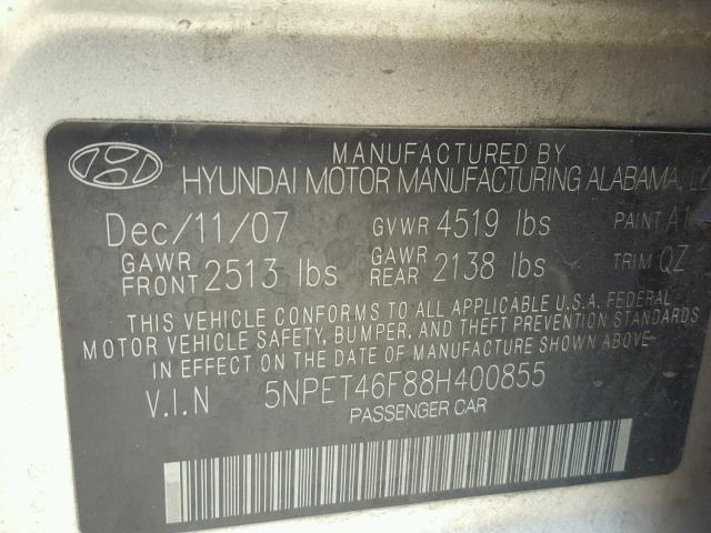 5NPET46F88H400855 - 2008 HYUNDAI SONATA GLS GOLD photo 10