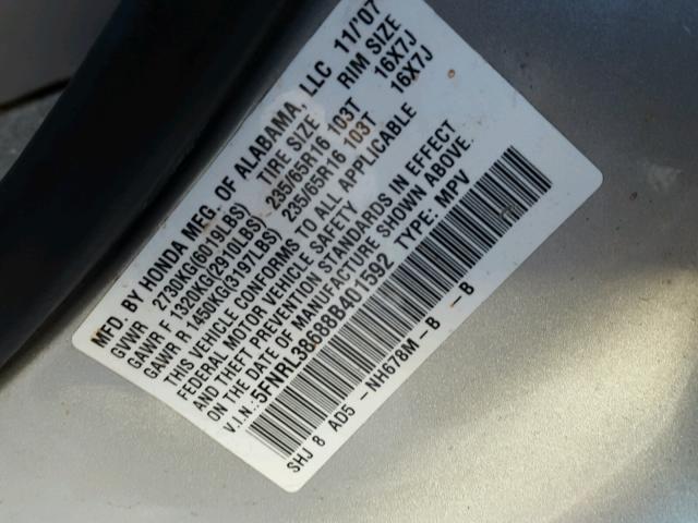 5FNRL38688B401592 - 2008 HONDA ODYSSEY EX SILVER photo 10