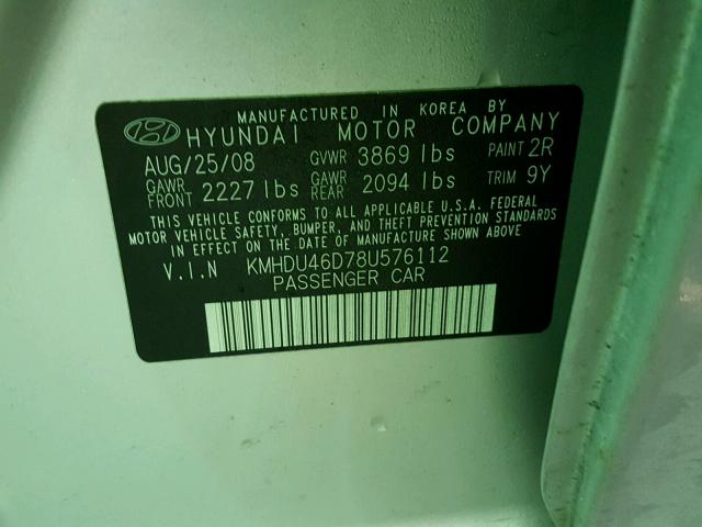 KMHDU46D78U576112 - 2008 HYUNDAI ELANTRA GL GRAY photo 10