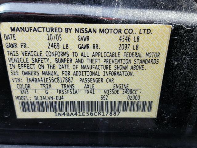 1N4BA41E56C817887 - 2006 NISSAN MAXIMA SE BLACK photo 10