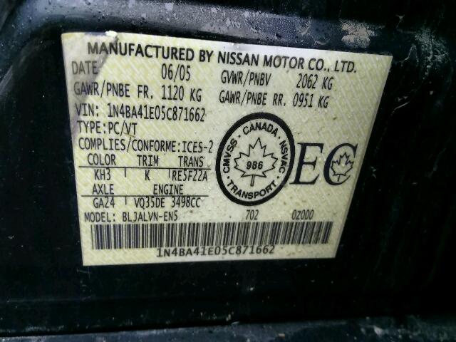 1N4BA41E05C871662 - 2005 NISSAN MAXIMA SE BLACK photo 10