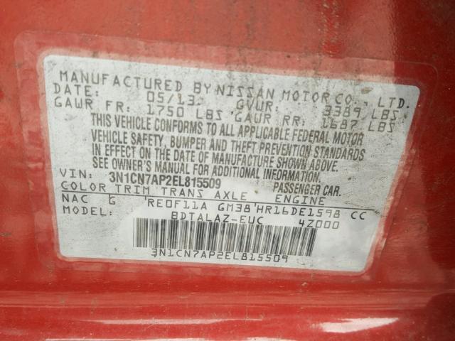 3N1CN7AP2EL815509 - 2014 NISSAN VERSA RED photo 10