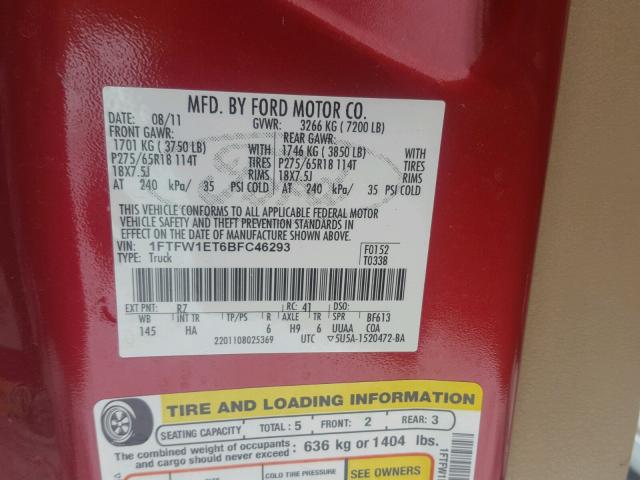 1FTFW1ET6BFC46293 - 2011 FORD F150 SUPER RED photo 10