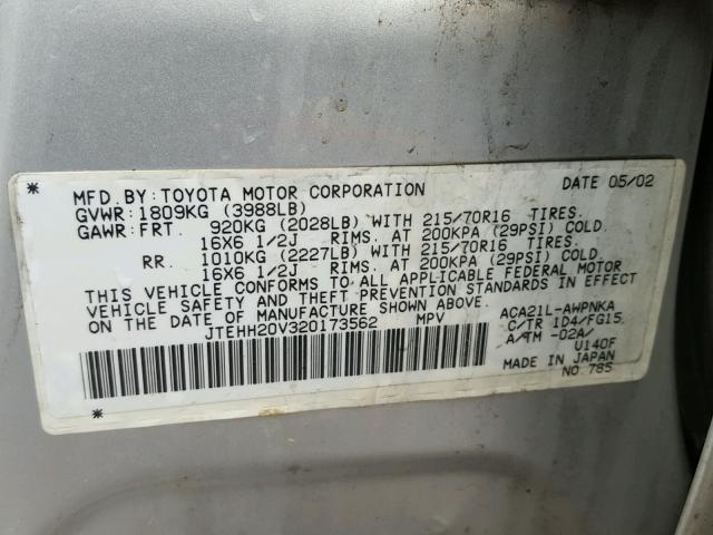 JTEHH20V320173562 - 2002 TOYOTA RAV4 SILVER photo 10