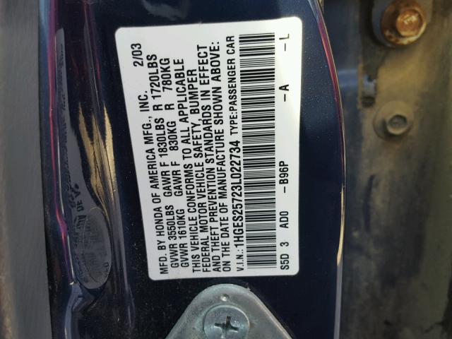 1HGES25723L022734 - 2003 HONDA CIVIC EX BLUE photo 10