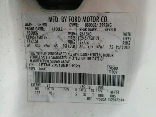 1FTNF20518EE11921 - 2008 FORD F250 SUPER WHITE photo 10