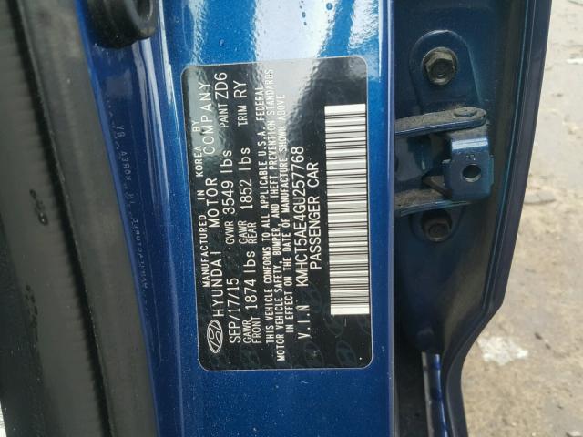 KMHCT5AE4GU257768 - 2016 HYUNDAI ACCENT SE BLUE photo 10