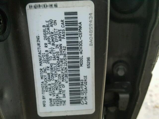 4T1BE32K12U538742 - 2002 TOYOTA CAMRY LE GRAY photo 10