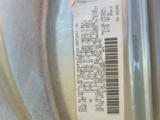 4T3ZF19C72U489097 - 2002 TOYOTA SIENNA CE SILVER photo 10