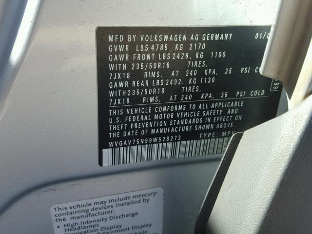 WVGAV75N99W528273 - 2009 VOLKSWAGEN TIGUAN S SILVER photo 10