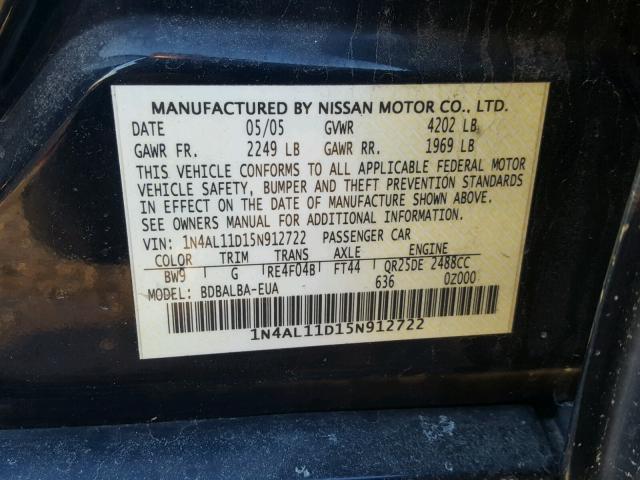 1N4AL11D15N912722 - 2005 NISSAN ALTIMA S BLUE photo 10