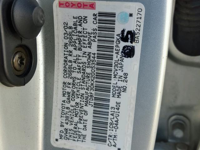 JTDBF30KX20053544 - 2002 TOYOTA CAMRY LE SILVER photo 10