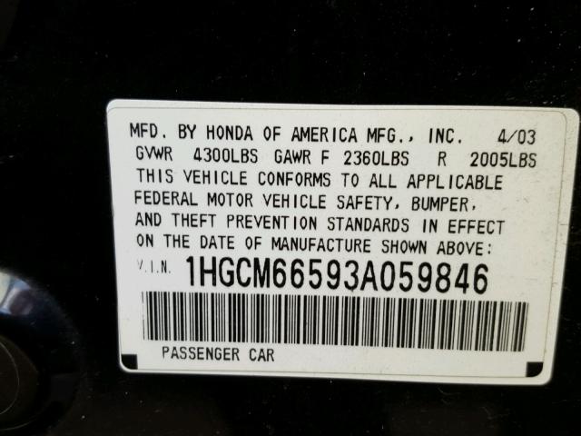 1HGCM66593A059846 - 2003 HONDA ACCORD EX BLACK photo 10