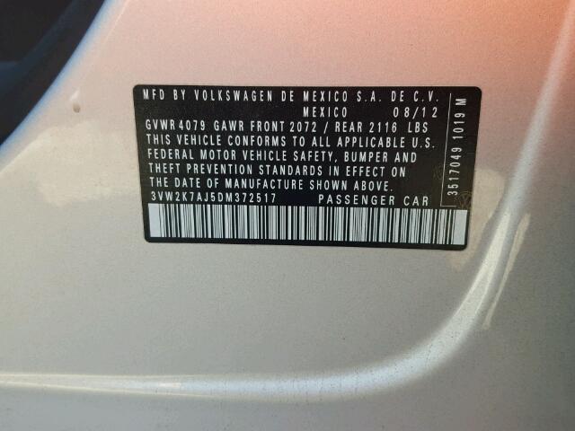 3VW2K7AJ5DM372517 - 2013 VOLKSWAGEN JETTA BASE 银色 照片 10