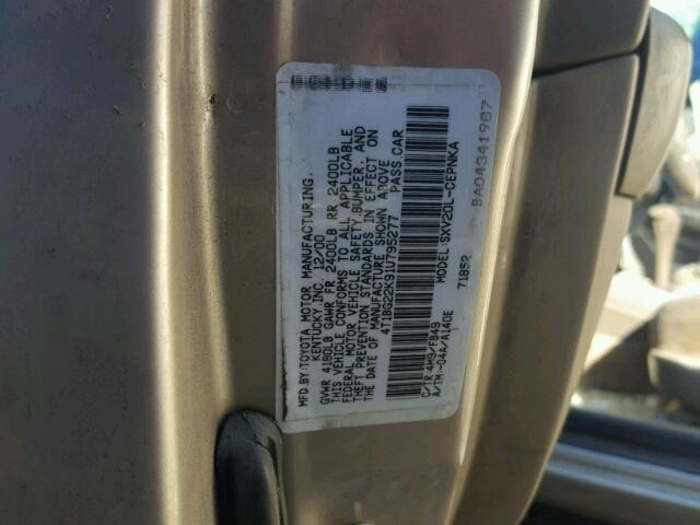 4T1BG22K91U795277 - 2001 TOYOTA CAMRY CE GOLD photo 10