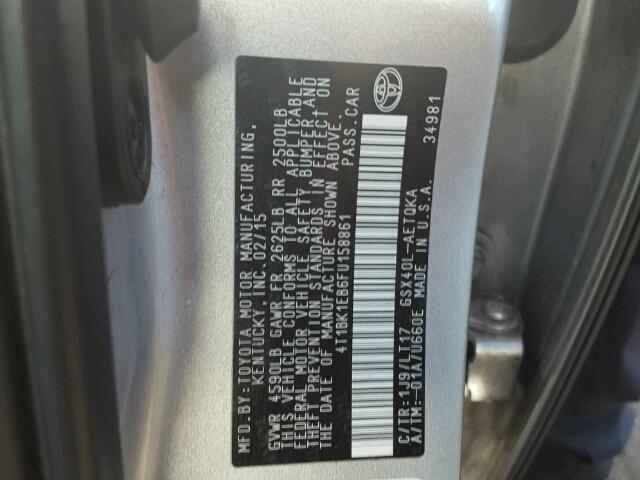 4T1BK1EB6FU158861 - 2015 TOYOTA AVALON XLE SILVER photo 10