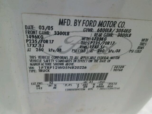1FTRF12W05NB20226 - 2005 FORD F150 Beyaz fotoğraf 10