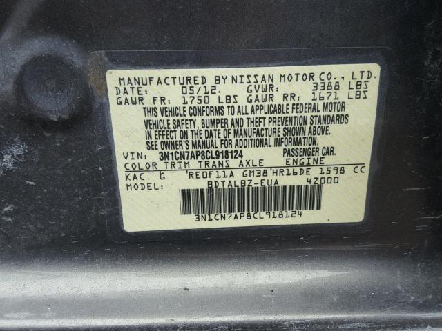 3N1CN7AP8CL918124 - 2012 NISSAN VERSA S GRAY photo 10