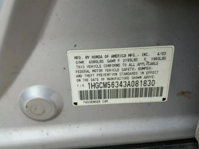 1HGCM56343A081830 - 2003 HONDA ACCORD LX SILVER photo 10