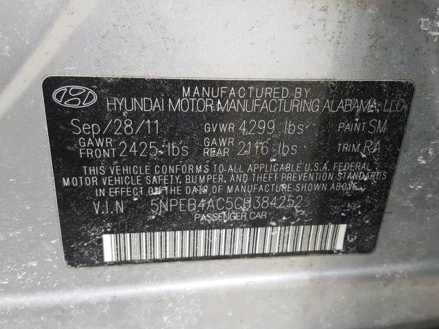 5NPEB4AC5CH384252 - 2012 HYUNDAI SONATA GLS SILVER photo 10