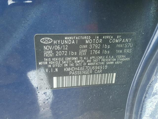 KMHDH4AE7DU694918 - 2013 HYUNDAI ELANTRA GL BLUE photo 10