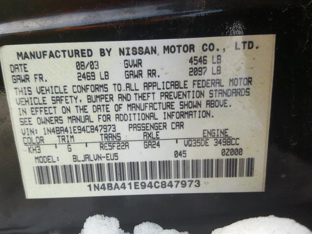 1N4BA41E94C847973 - 2004 NISSAN MAXIMA SE BLACK photo 10