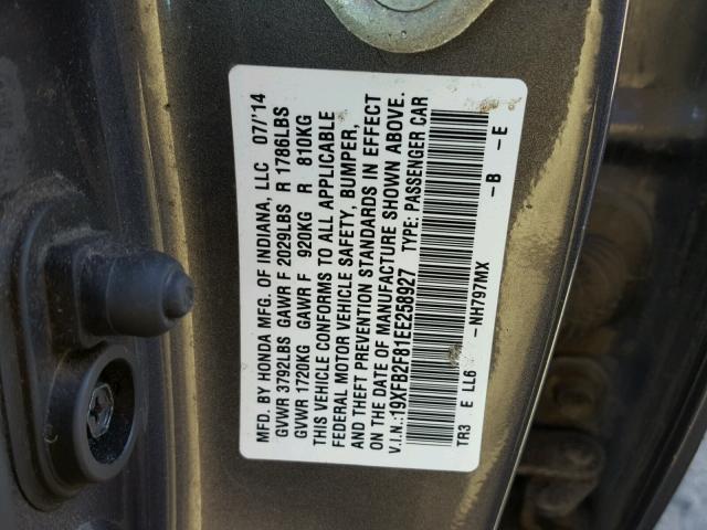 19XFB2F81EE258927 - 2014 HONDA CIVIC EX CHARCOAL photo 10