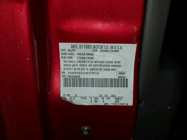 1FAFP3435YW379510 - 2000 FORD FOCUS SE RED photo 10