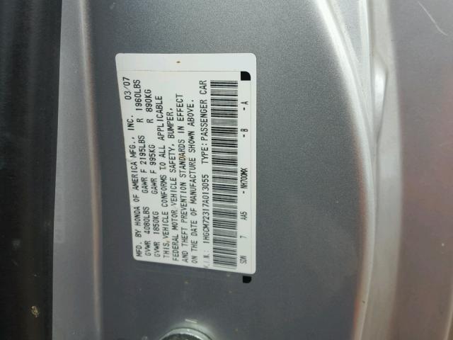 1HGCM72317A013055 - 2007 HONDA ACCORD LX SILVER photo 10