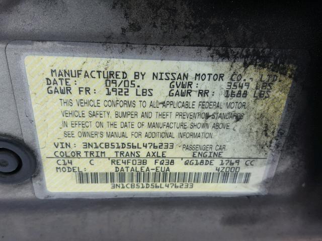 3N1CB51D56L476233 - 2006 NISSAN SENTRA 1.8 BEIGE photo 10