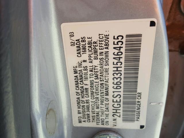 2HGES16633H546455 - 2003 HONDA CIVIC LX SILVER photo 10