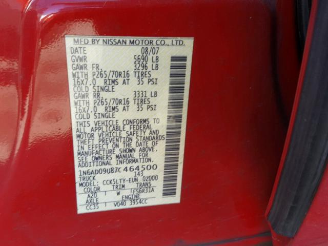 1N6AD09U87C464500 - 2007 NISSAN FRONTIER C RED photo 10