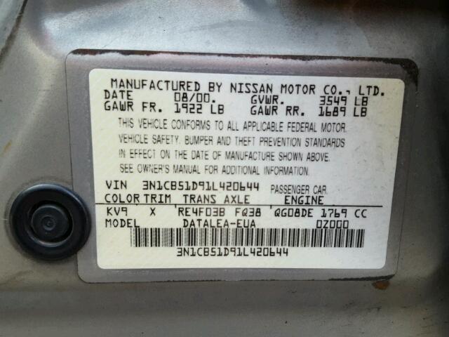 3N1CB51D91L420644 - 2001 NISSAN SENTRA XE SILVER photo 10