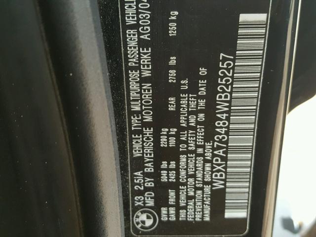 WBXPA73484WB25257 - 2004 BMW X3 2.5I BLACK photo 10