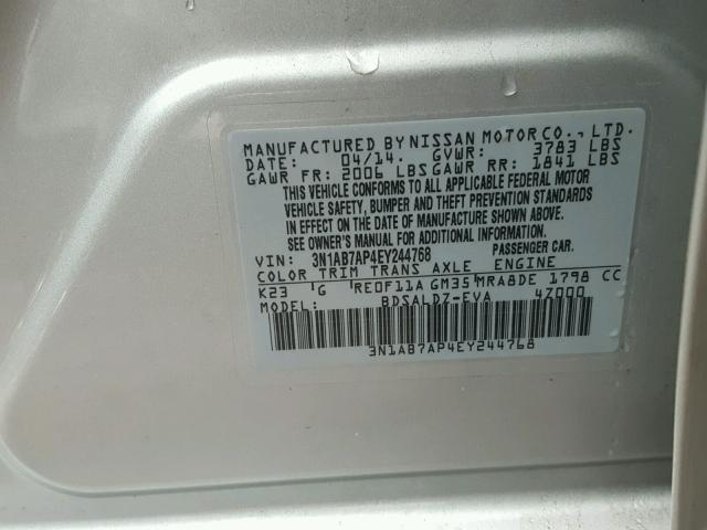 3N1AB7AP4EY244768 - 2014 NISSAN SENTRA S SILVER photo 10