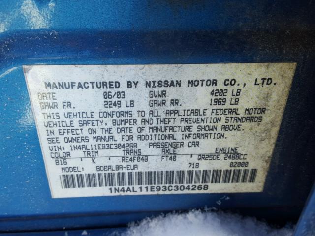 1N4AL11E93C304268 - 2003 NISSAN ALTIMA BAS BLUE photo 10