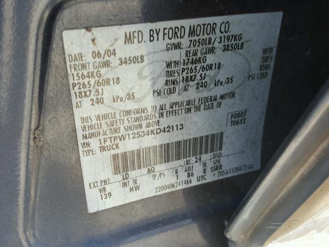 1FTPW12534KD42113 - 2004 FORD F150 SUPER BLUE photo 10