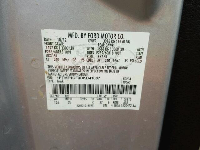 1FTMF1CF9DKD41087 - 2013 FORD F150 GRAY photo 10